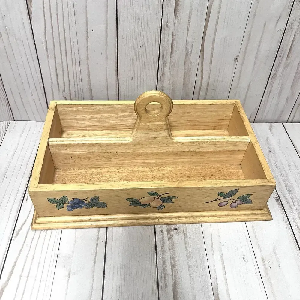 Mikasa Garden Harvest Silverware Napkin Wooden Caddy Rustic Farmhouse Decor